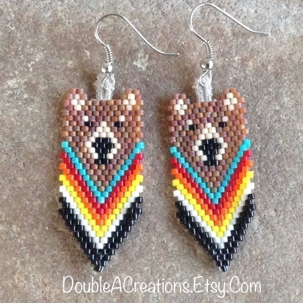 Native Bear Beaded Earrings, New, Handmade By Me